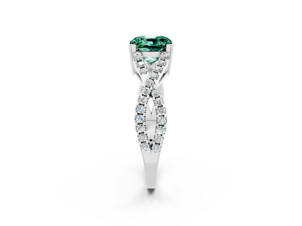 Platinum Cushion Cut Green Sapphire Solitaire Ring with Four-Prong Setting and Twisted Pavé Band