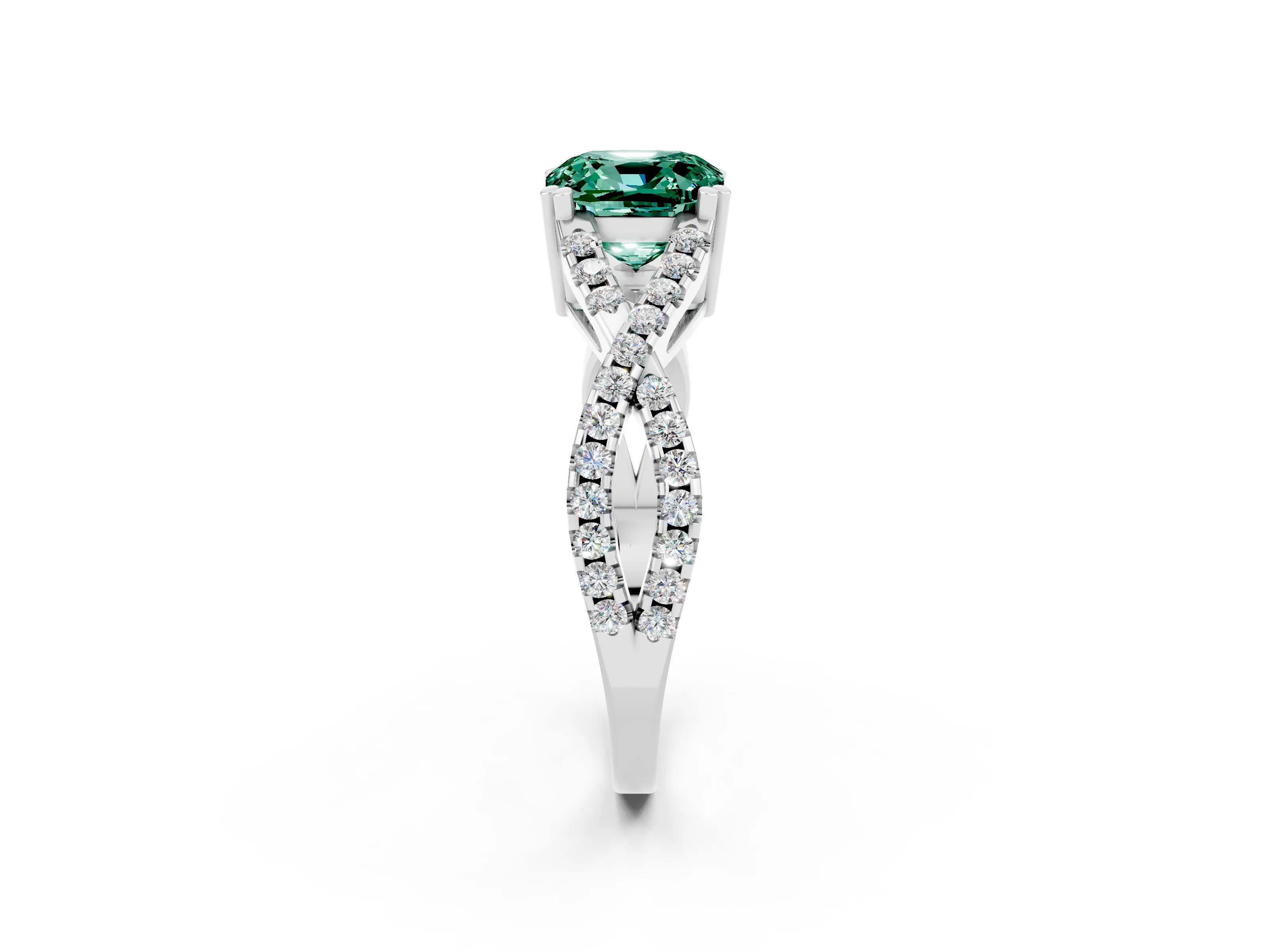 White gold Cushion Cut Green Sapphire Solitaire Ring with Four-Prong Setting and Twisted Pavé Band_2