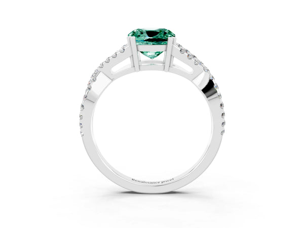White gold Cushion Cut Green Sapphire Solitaire Ring with Four-Prong Setting and Twisted Pavé Band
