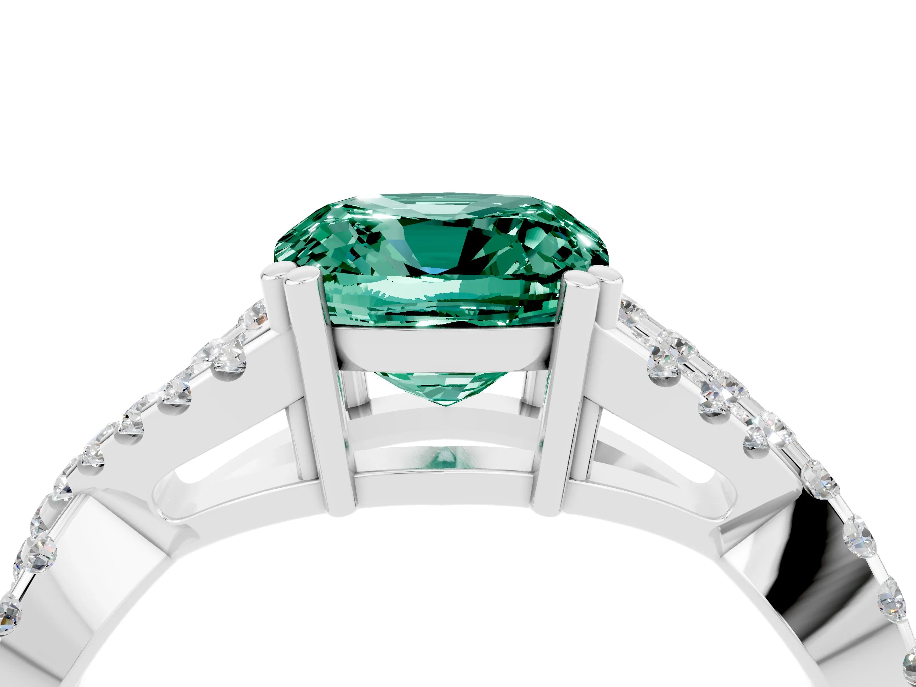 White gold Cushion Cut Green Sapphire Solitaire Ring with Four-Prong Setting and Twisted Pavé Band_4