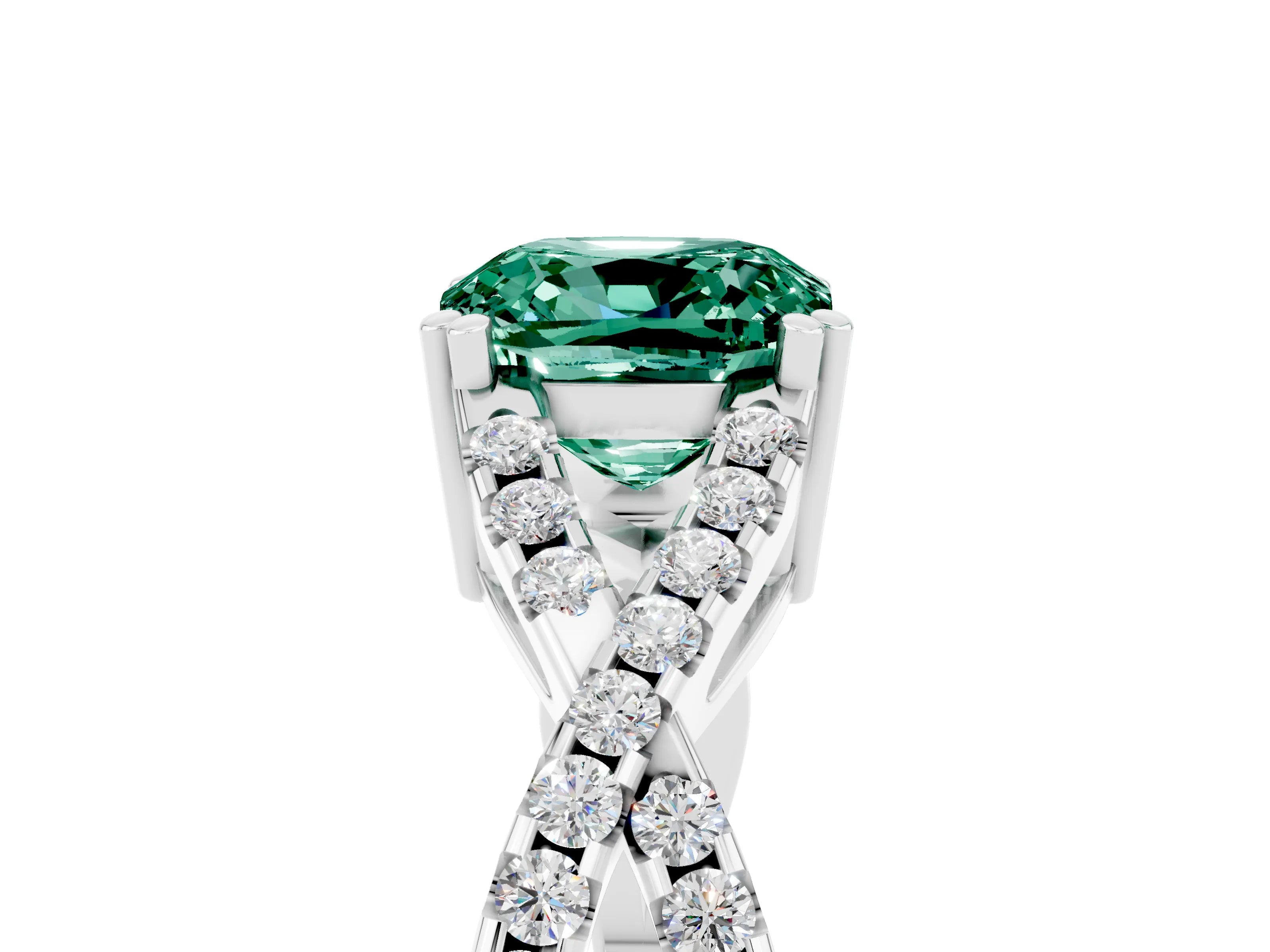 White gold Cushion Cut Green Sapphire Solitaire Ring with Four-Prong Setting and Twisted Pavé Band_5