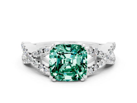 White gold Cushion Cut Green Sapphire Solitaire Ring with Four-Prong Setting and Twisted Pavé Band