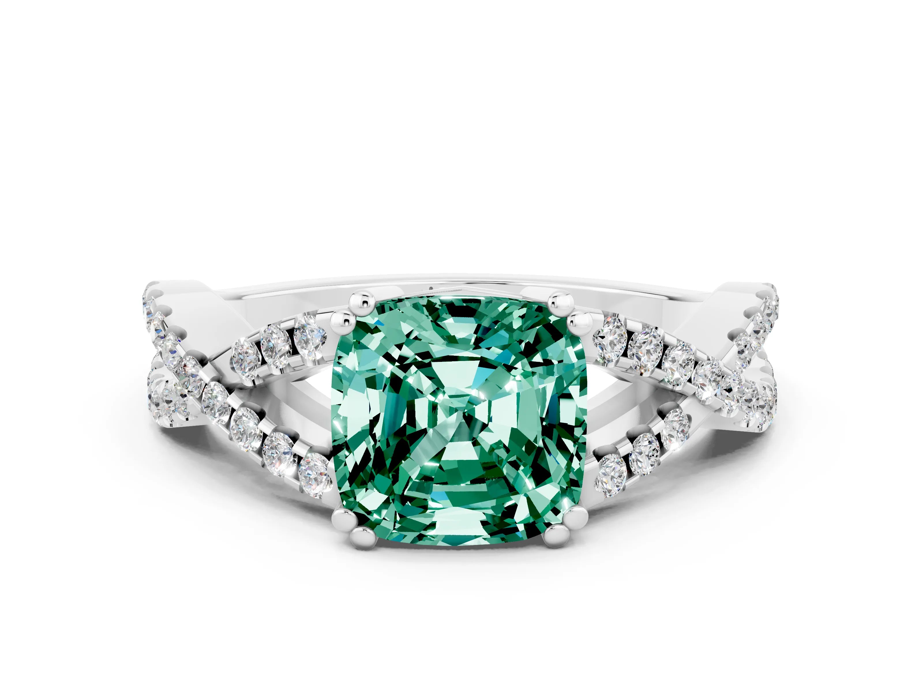 White gold Cushion Cut Green Sapphire Solitaire Ring with Four-Prong Setting and Twisted Pavé Band
