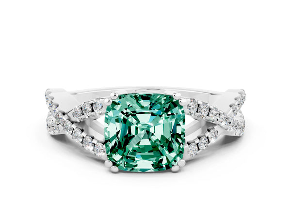 Silver Cushion Cut Green Sapphire Solitaire Ring with Four-Prong Setting and Twisted Pavé Band