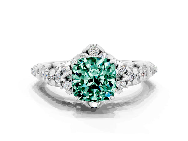 White gold Cushion Cut Green Sapphire Solitaire Ring with Hidden Halo and Pavé Band