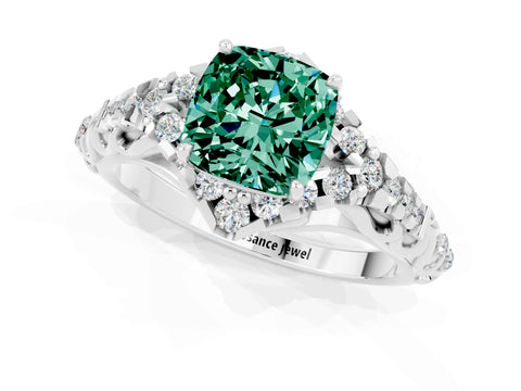White gold Cushion Cut Green Sapphire Solitaire Ring with Hidden Halo and Pavé Band_13