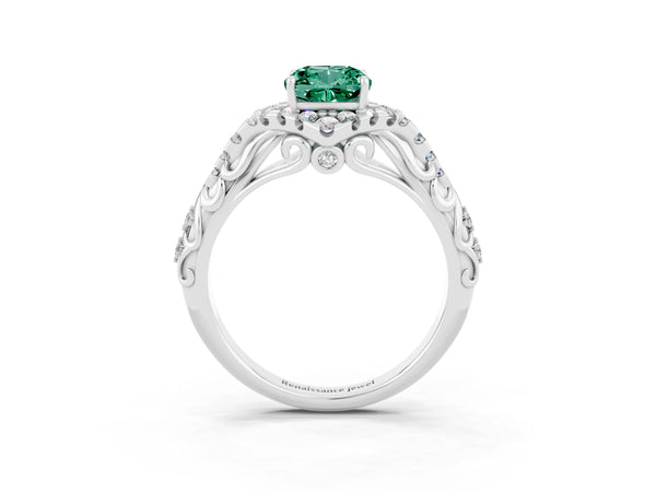 Platinum Cushion Cut Green Sapphire Solitaire Ring with Hidden Halo and Pavé Band