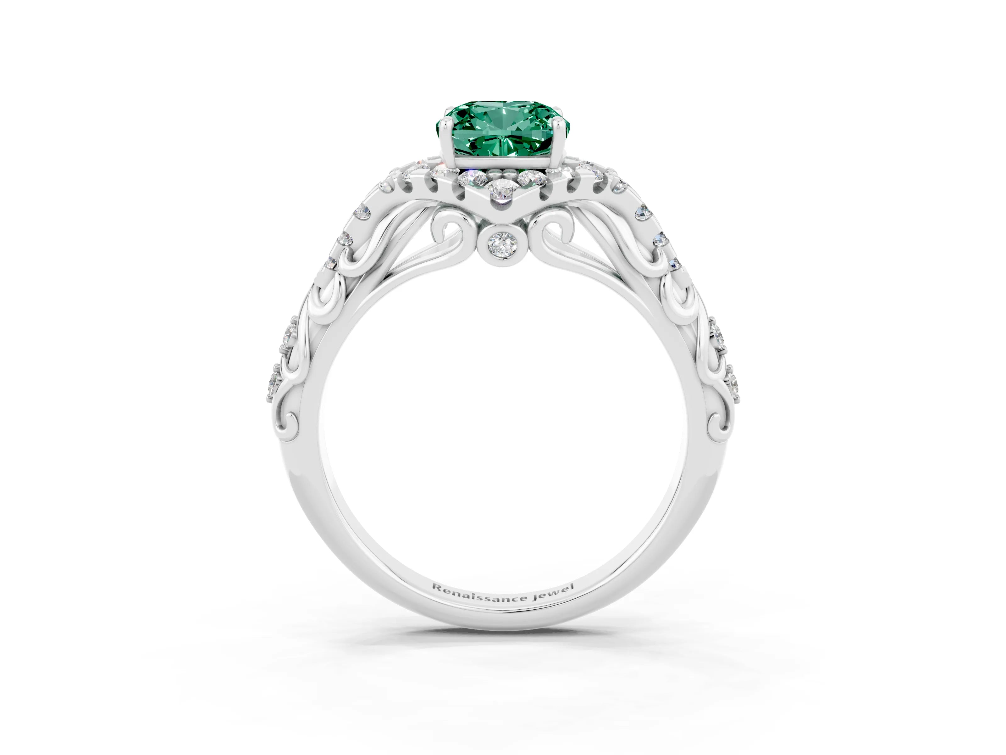 White gold Cushion Cut Green Sapphire Solitaire Ring with Hidden Halo and Pavé Band_15
