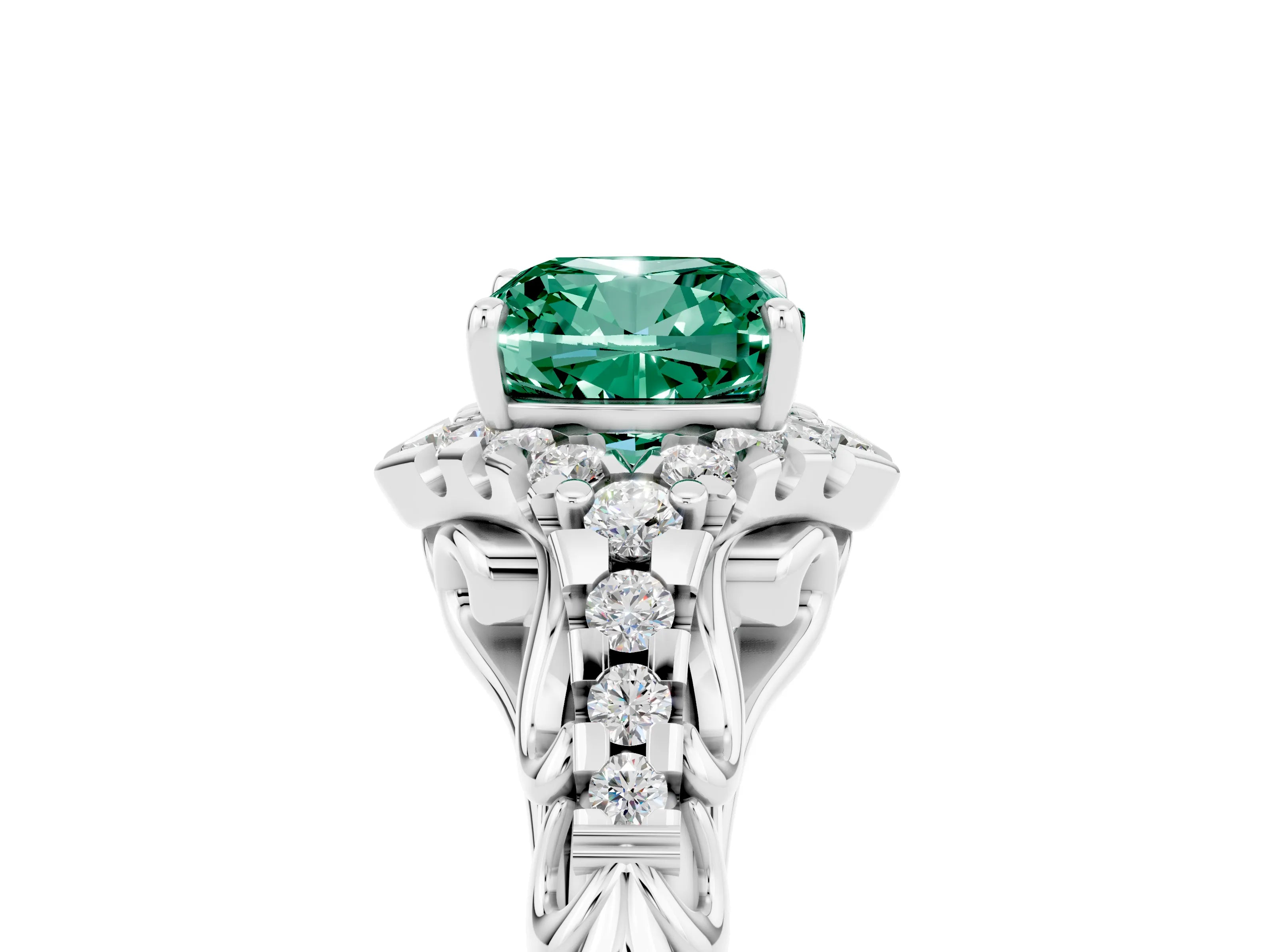 White gold Cushion Cut Green Sapphire Solitaire Ring with Hidden Halo and Pavé Band_17