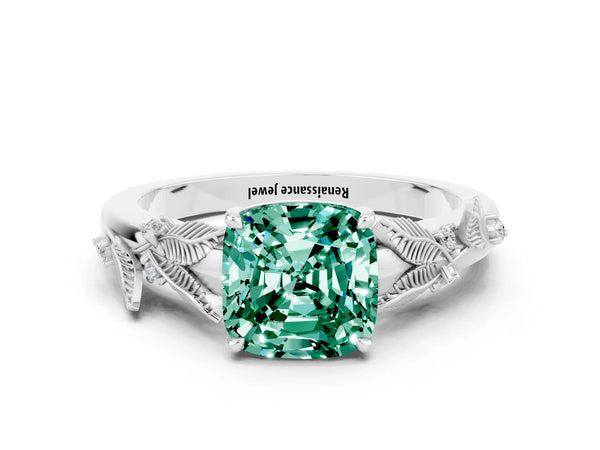 White gold Cushion Cut Green Sapphire Solitaire Ring with Leaf Motif Band and Four-Prong Setting