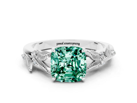 White gold Cushion Cut Green Sapphire Solitaire Ring with Leaf Motif Band and Four-Prong Setting_12