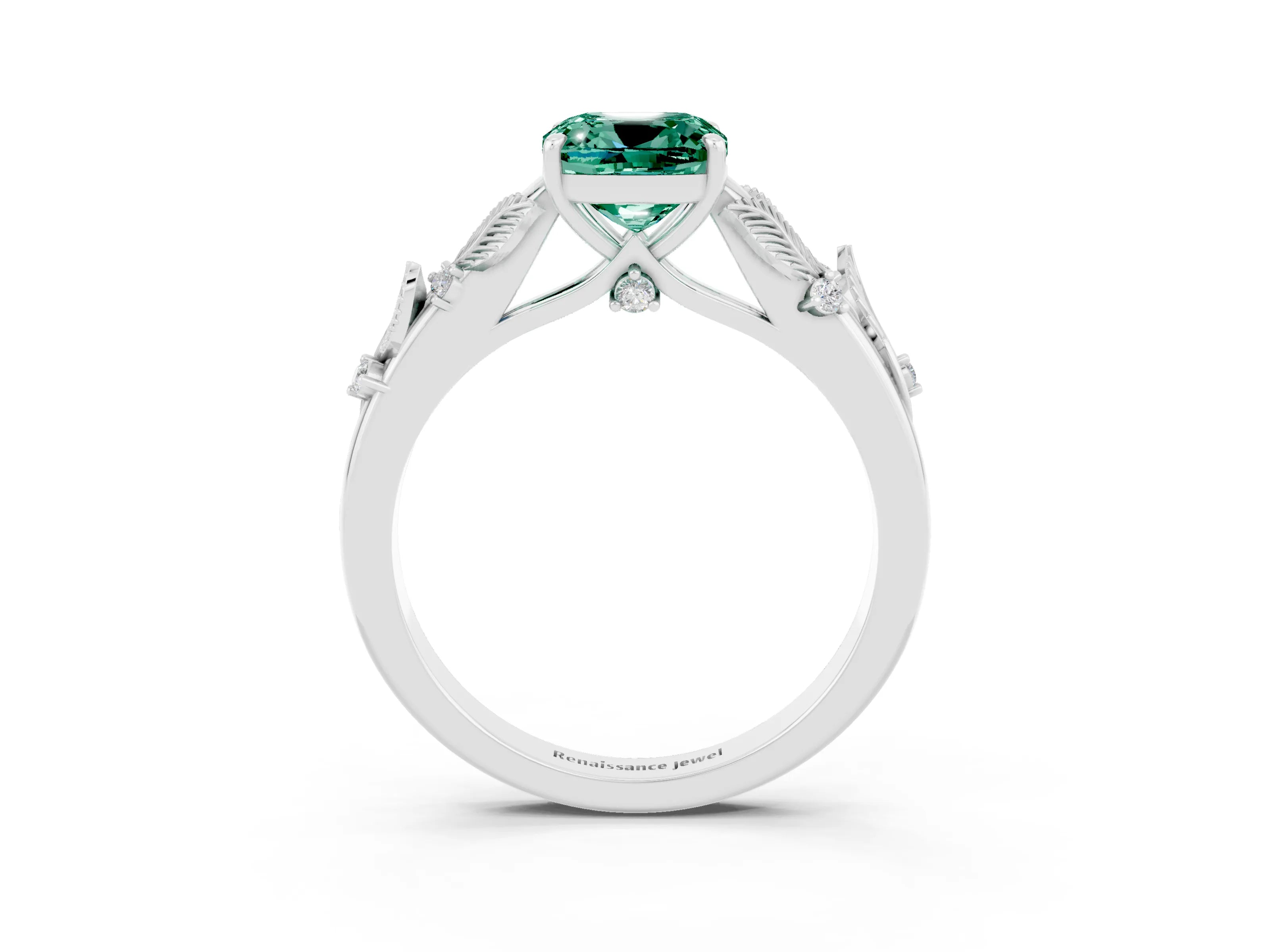 White gold Cushion Cut Green Sapphire Solitaire Ring with Leaf Motif Band and Four-Prong Setting_15