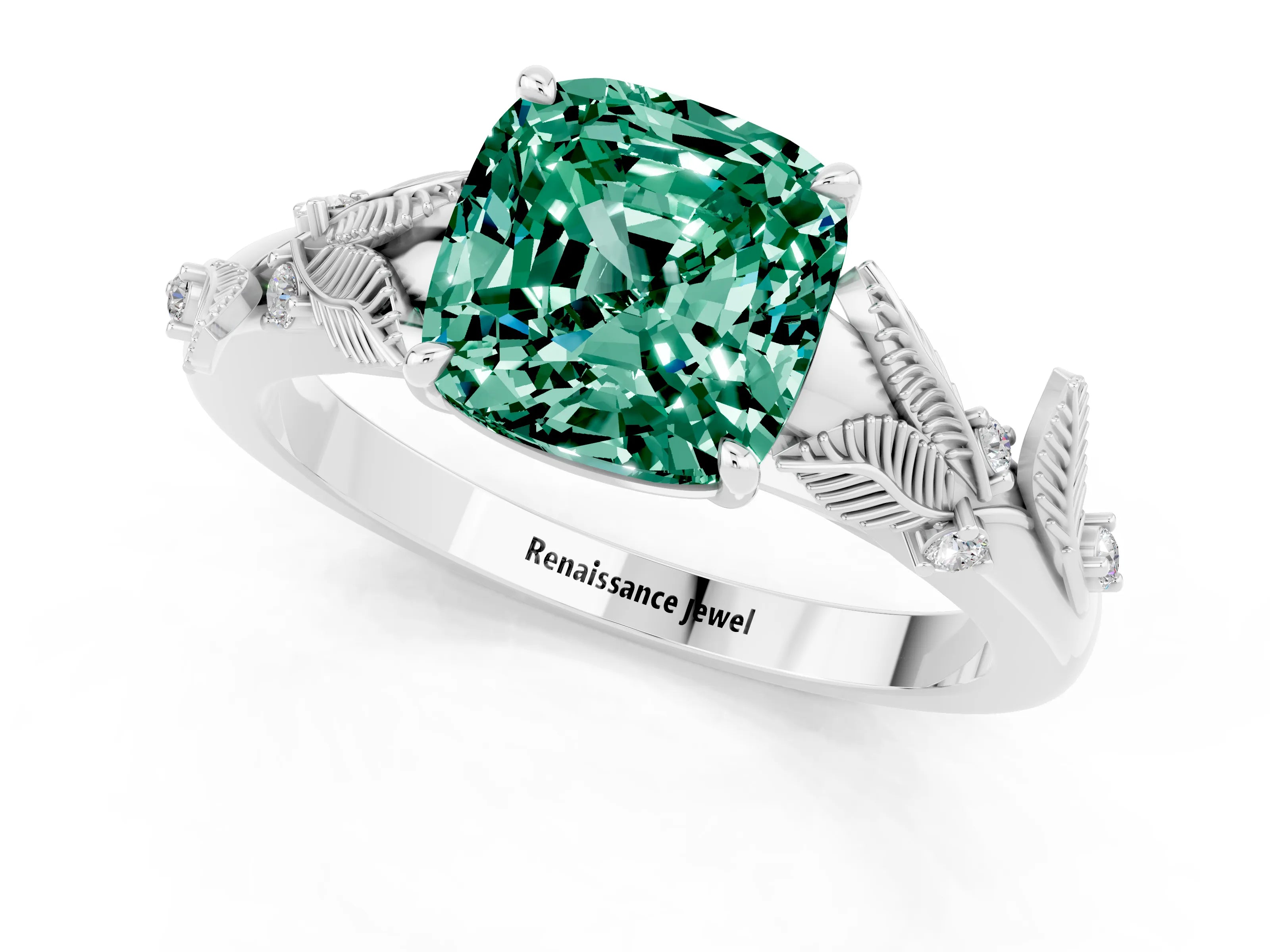 White gold Cushion Cut Green Sapphire Solitaire Ring with Leaf Motif Band and Four-Prong Setting_1