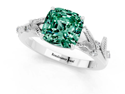 White gold Cushion Cut Green Sapphire Solitaire Ring with Leaf Motif Band and Four-Prong Setting_1