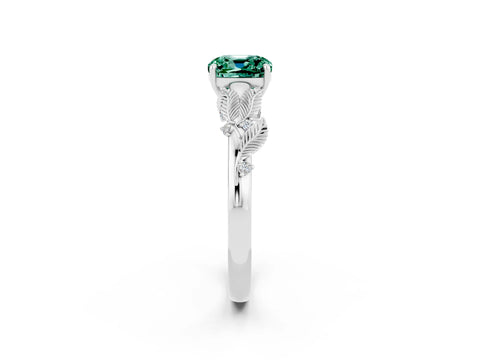 White gold Cushion Cut Green Sapphire Solitaire Ring with Leaf Motif Band and Four-Prong Setting_2