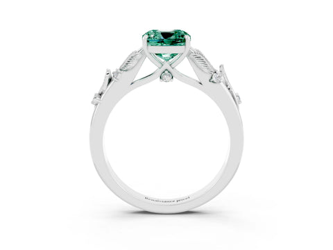 White gold Cushion Cut Green Sapphire Solitaire Ring with Leaf Motif Band and Four-Prong Setting_3