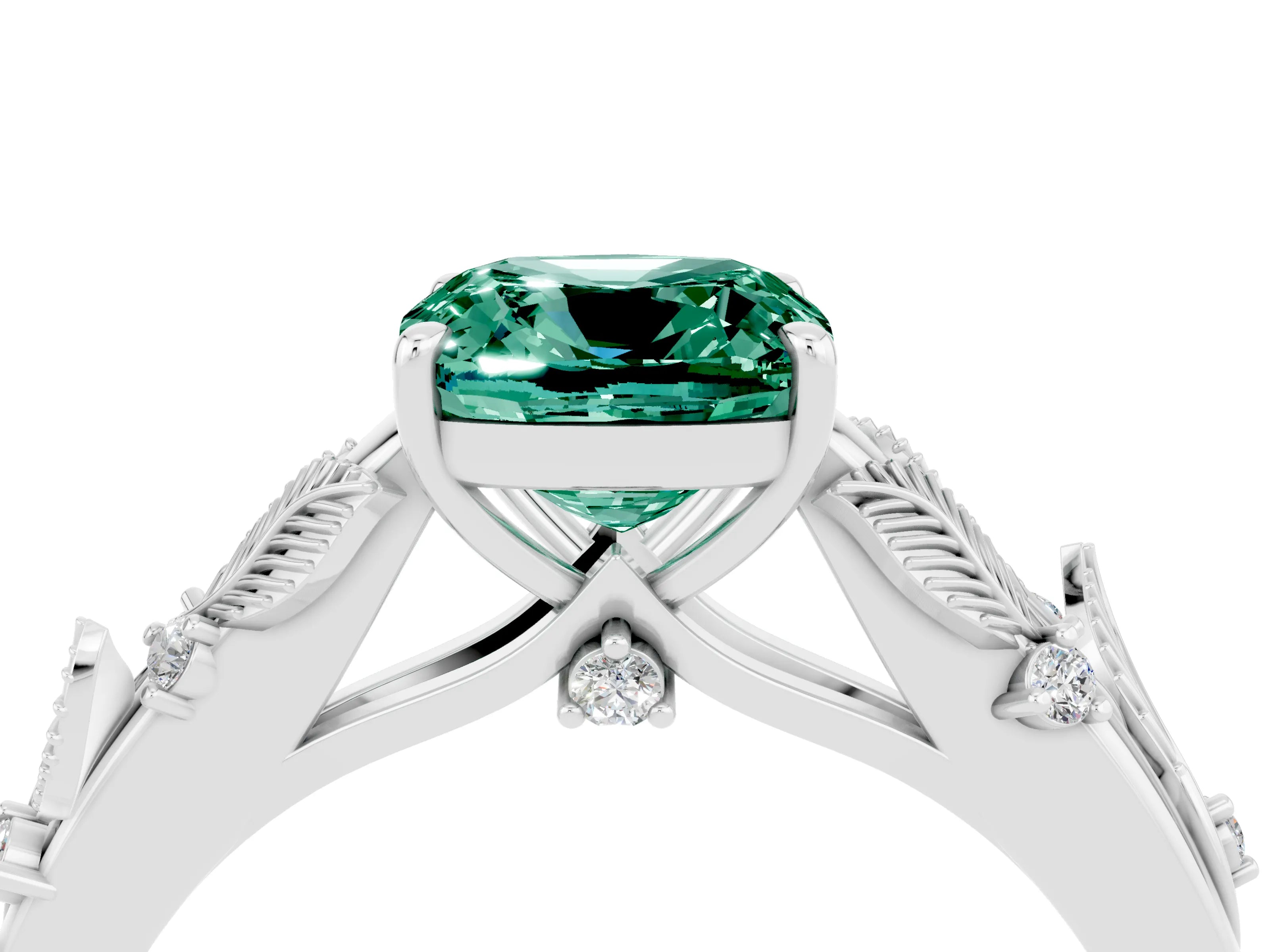 White gold Cushion Cut Green Sapphire Solitaire Ring with Leaf Motif Band and Four-Prong Setting_4