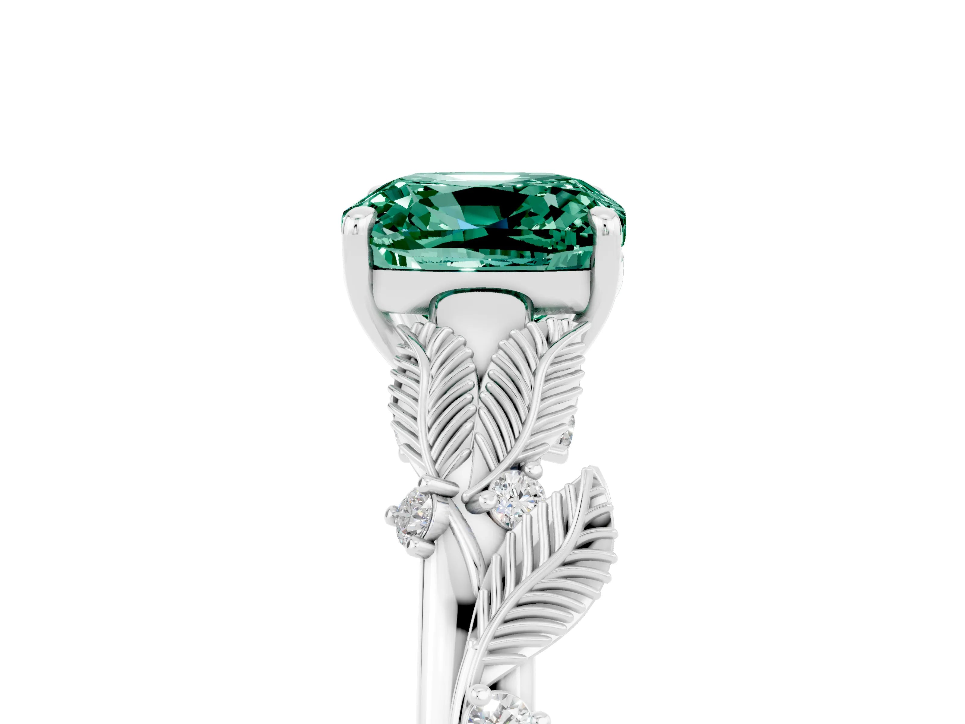 White gold Cushion Cut Green Sapphire Solitaire Ring with Leaf Motif Band and Four-Prong Setting_5
