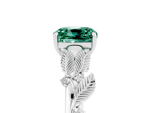 White gold Cushion Cut Green Sapphire Solitaire Ring with Leaf Motif Band and Four-Prong Setting_5