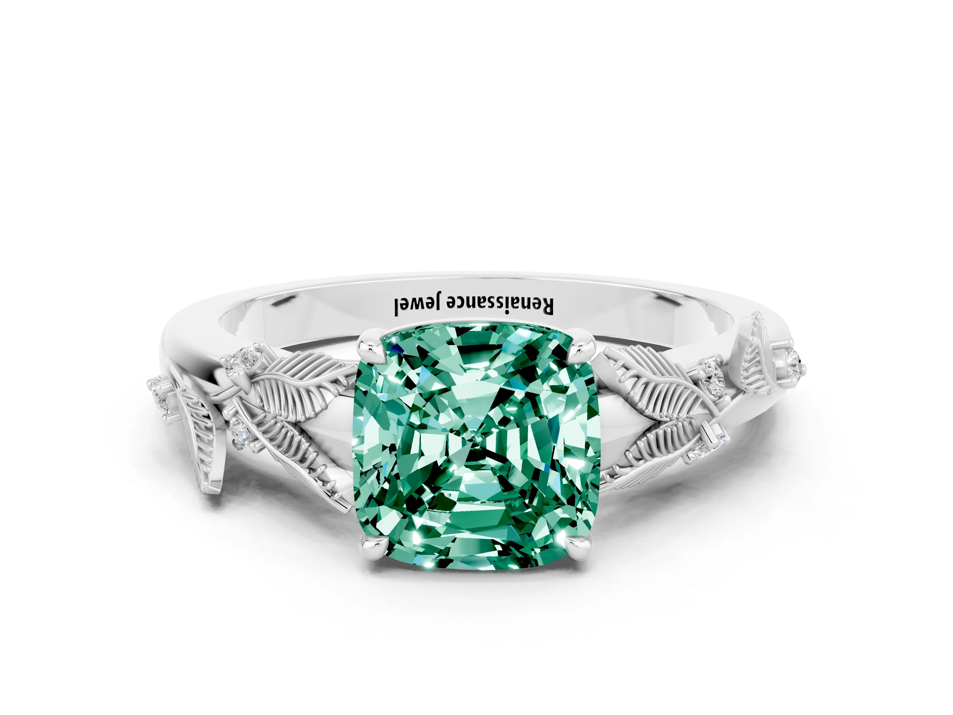 White gold Cushion Cut Green Sapphire Solitaire Ring with Leaf Motif Band and Four-Prong Setting
