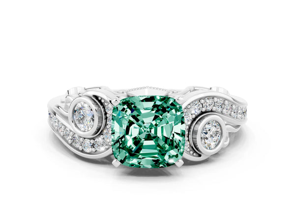 Platinum Cushion Cut Green Sapphire Solitaire Ring with Milgrain Pavé Band and Four-Prong Setting