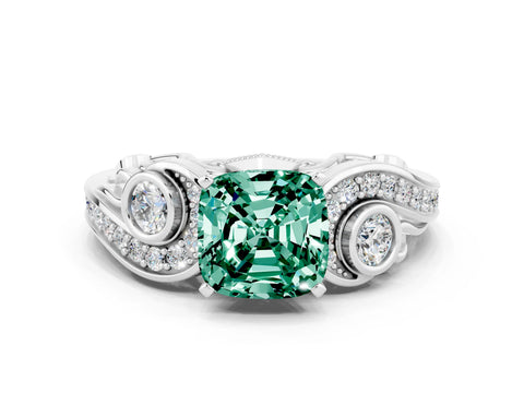 White gold Cushion Cut Green Sapphire Solitaire Ring with Milgrain Pavé Band and Four-Prong Setting_12