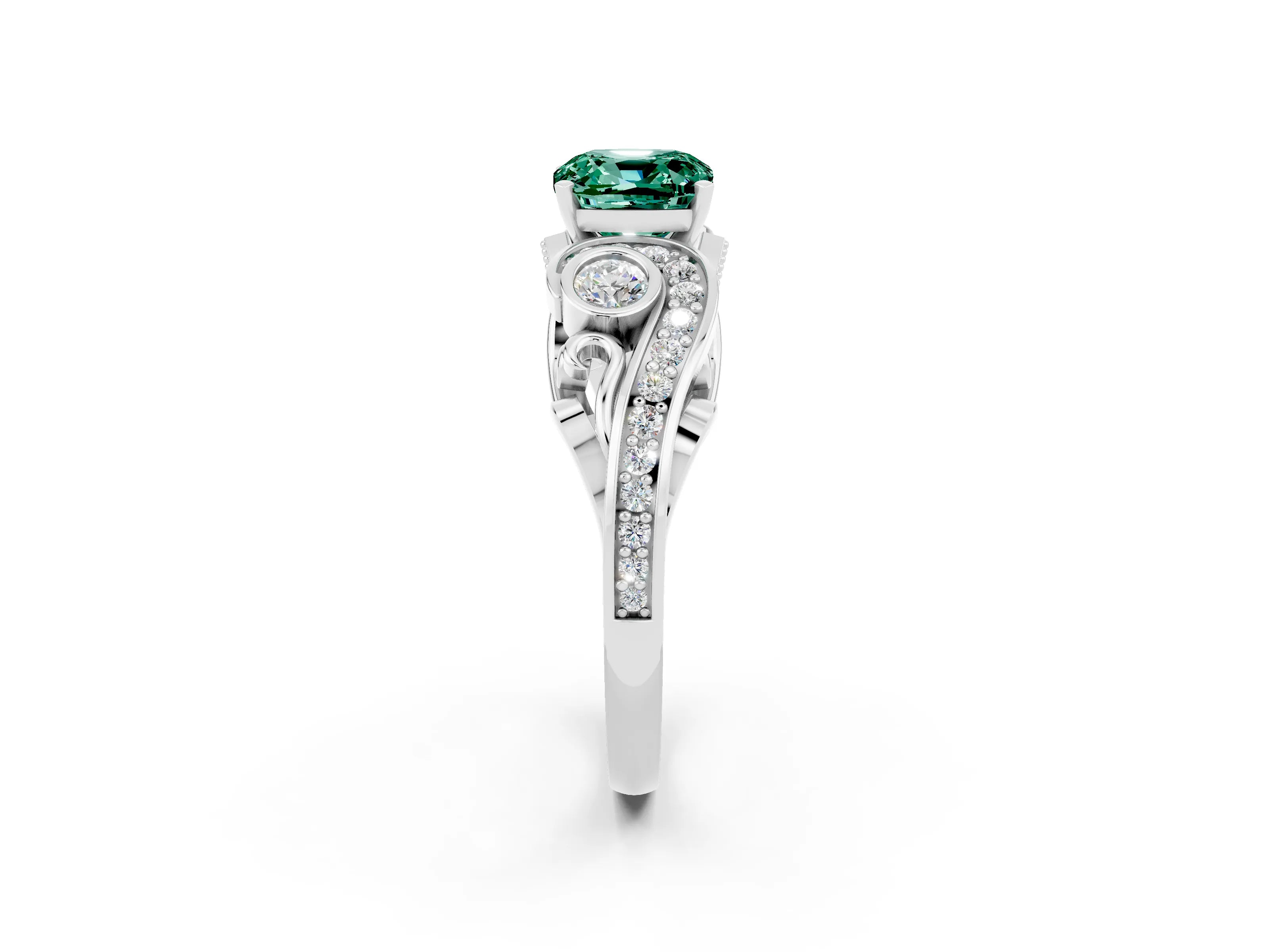 White gold Cushion Cut Green Sapphire Solitaire Ring with Milgrain Pavé Band and Four-Prong Setting_14