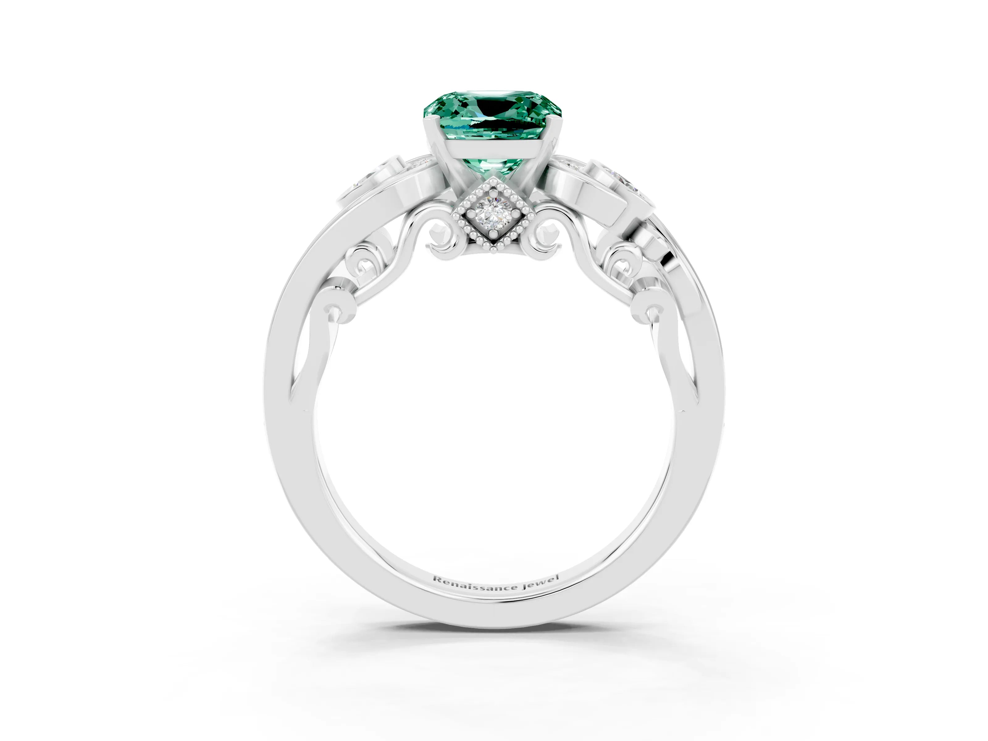 White gold Cushion Cut Green Sapphire Solitaire Ring with Milgrain Pavé Band and Four-Prong Setting_15