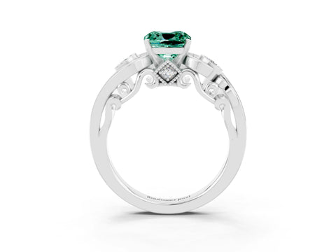 White gold Cushion Cut Green Sapphire Solitaire Ring with Milgrain Pavé Band and Four-Prong Setting_15