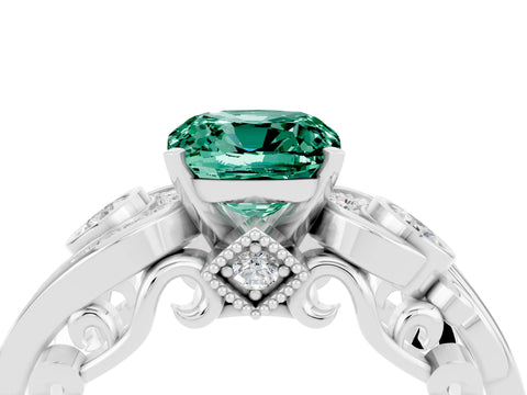 White gold Cushion Cut Green Sapphire Solitaire Ring with Milgrain Pavé Band and Four-Prong Setting_16