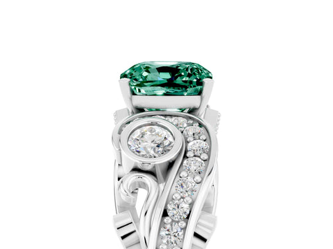 White gold Cushion Cut Green Sapphire Solitaire Ring with Milgrain Pavé Band and Four-Prong Setting_17
