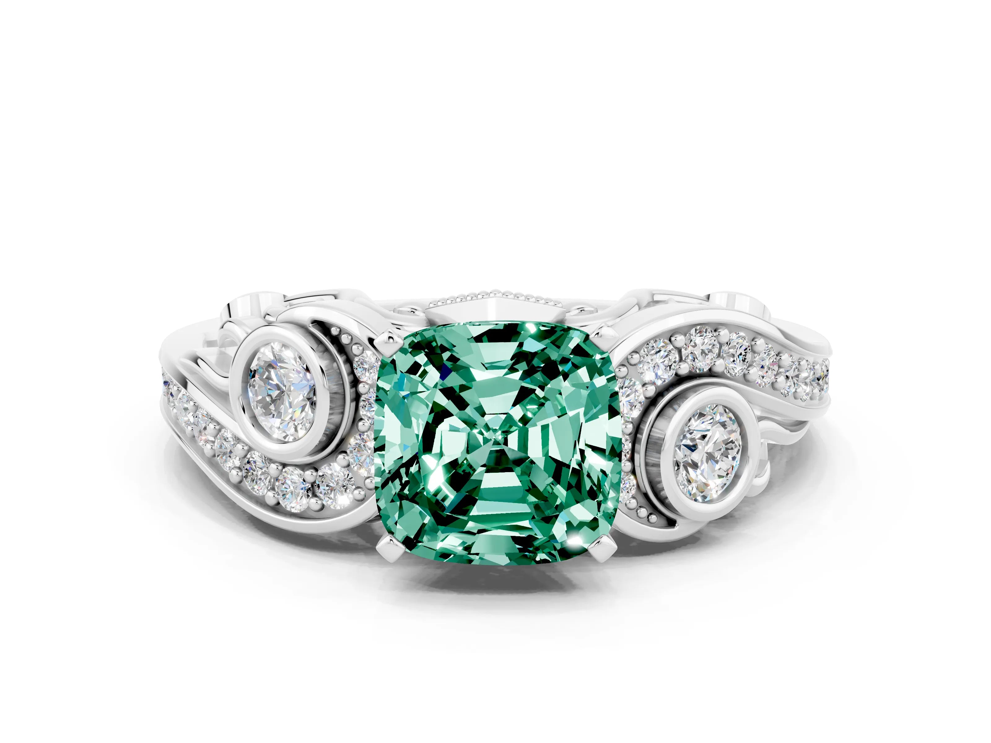 White gold Cushion Cut Green Sapphire Solitaire Ring with Milgrain Pavé Band and Four-Prong Setting_48