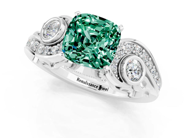White gold Cushion Cut Green Sapphire Solitaire Ring with Milgrain Pavé Band and Four-Prong Setting