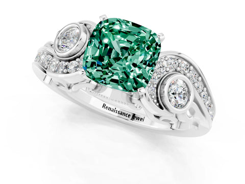 White gold Cushion Cut Green Sapphire Solitaire Ring with Milgrain Pavé Band and Four-Prong Setting_49