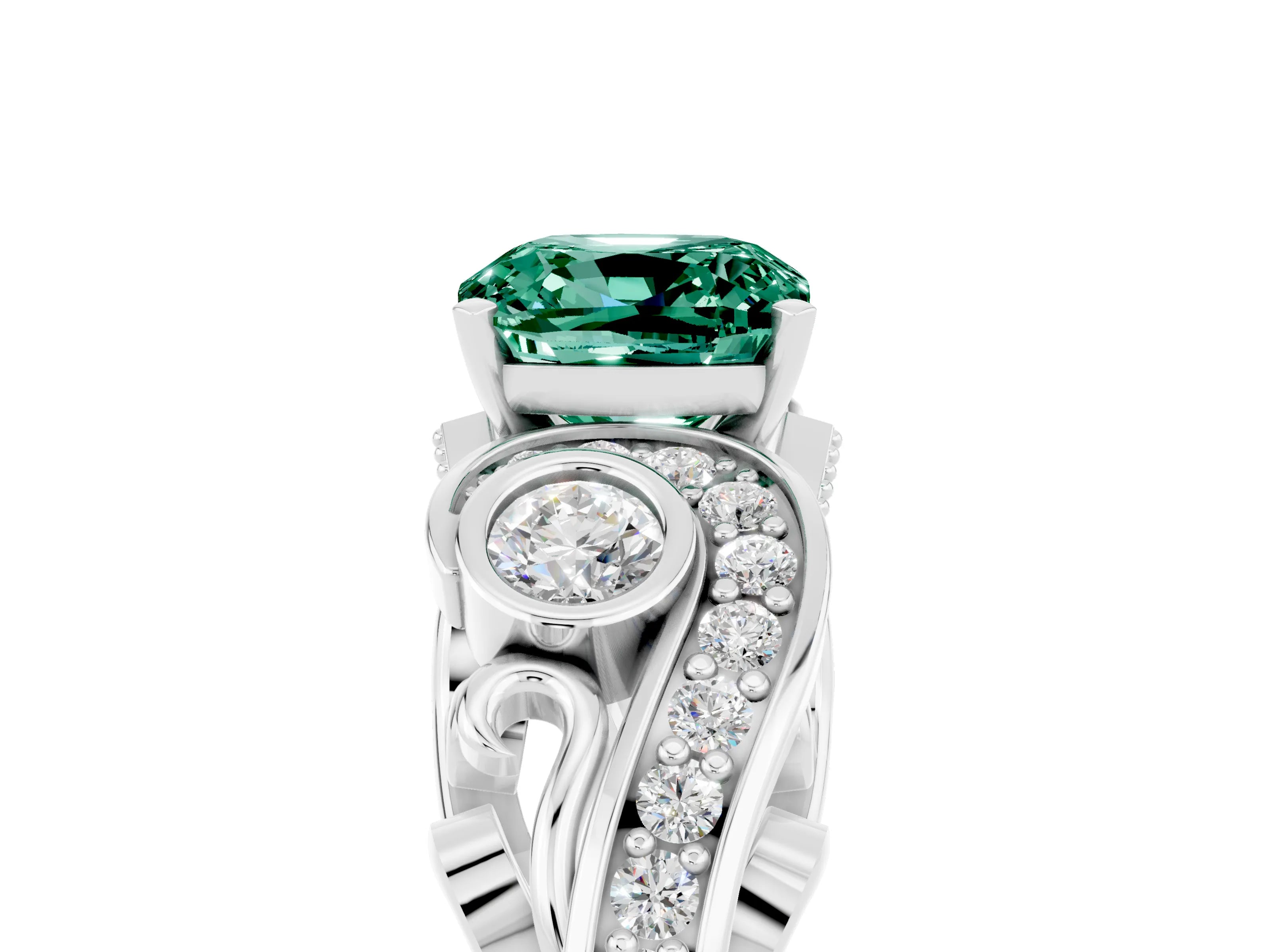 White gold Cushion Cut Green Sapphire Solitaire Ring with Milgrain Pavé Band and Four-Prong Setting_53