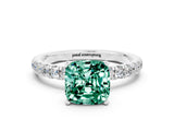 White gold Cushion Cut Green Sapphire Solitaire Ring with Pavé Accents and Four-Prong Setting