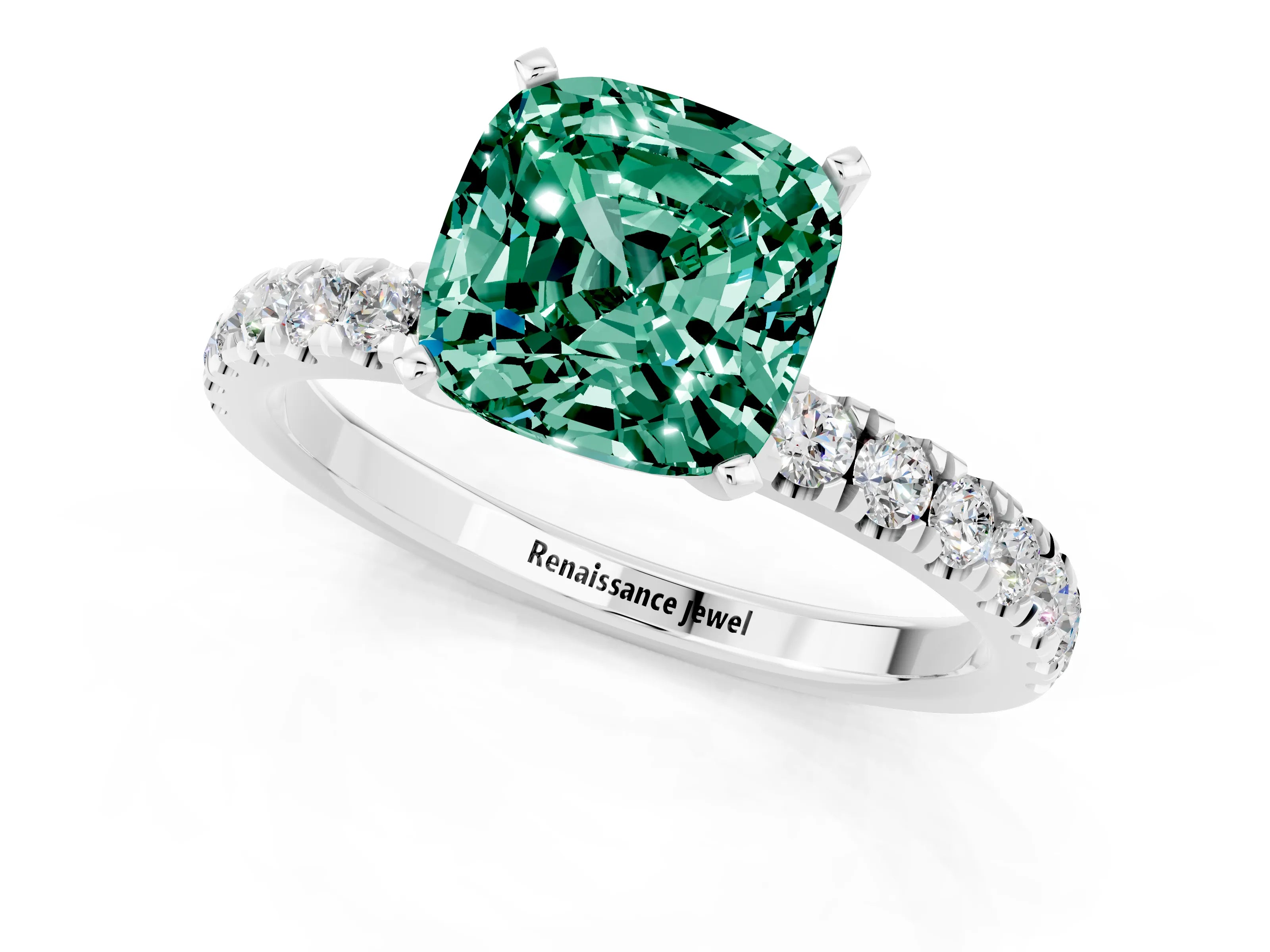 White gold Cushion Cut Green Sapphire Solitaire Ring with Pavé Accents and Four-Prong Setting_1