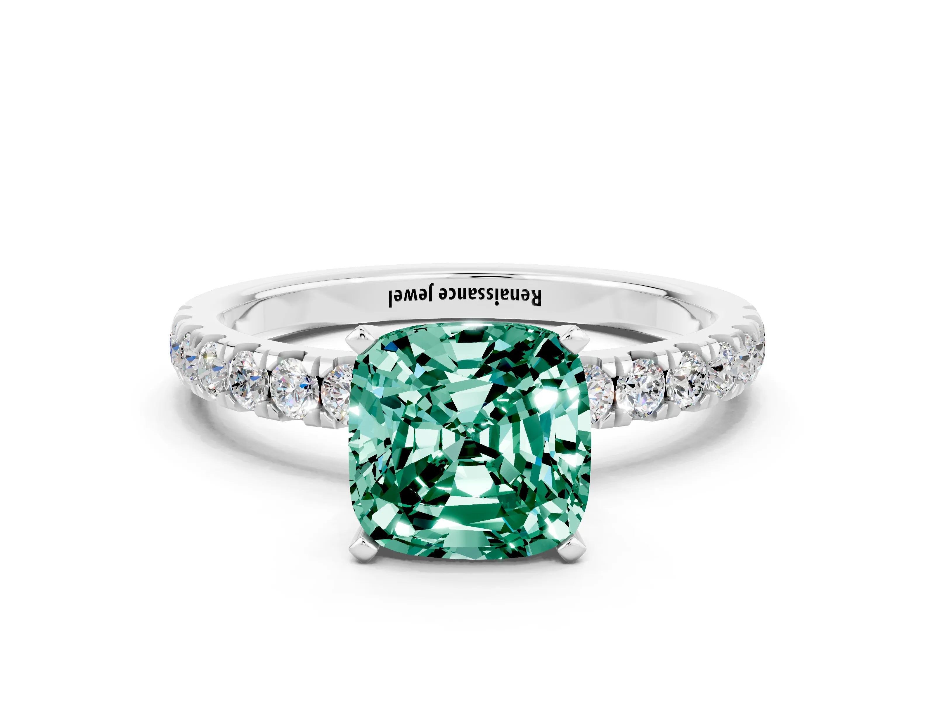 White gold Cushion Cut Green Sapphire Solitaire Ring with Pavé Accents and Four-Prong Setting