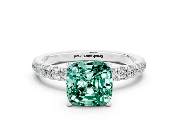 Silver Cushion Cut Green Sapphire Solitaire Ring with Pavé Accents and Four-Prong Setting