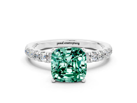White gold Cushion Cut Green Sapphire Solitaire Ring with Pavé Accents and Four-Prong Setting