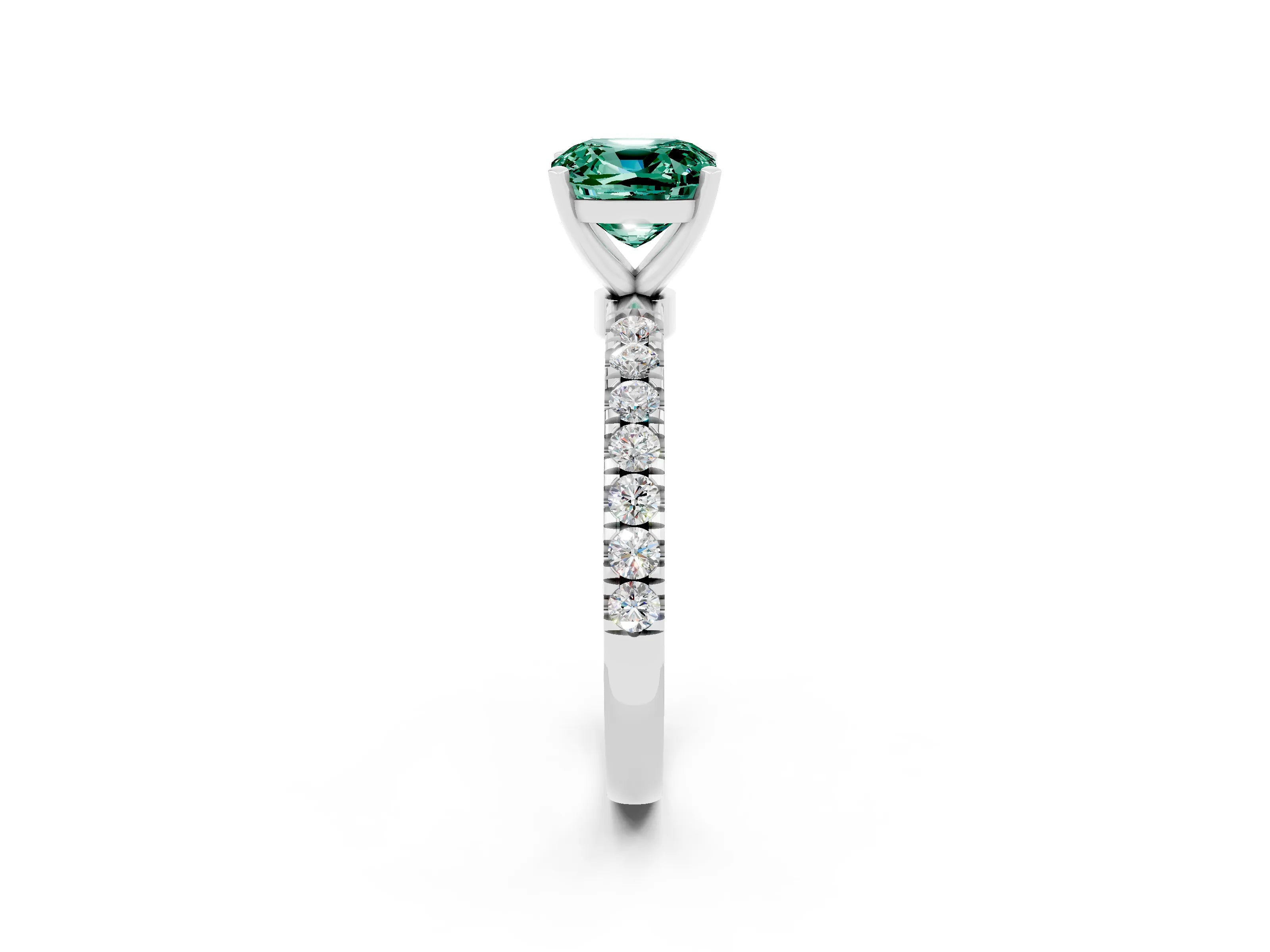 White gold Cushion Cut Green Sapphire Solitaire Ring with Pavé Accents and Four-Prong Setting_2