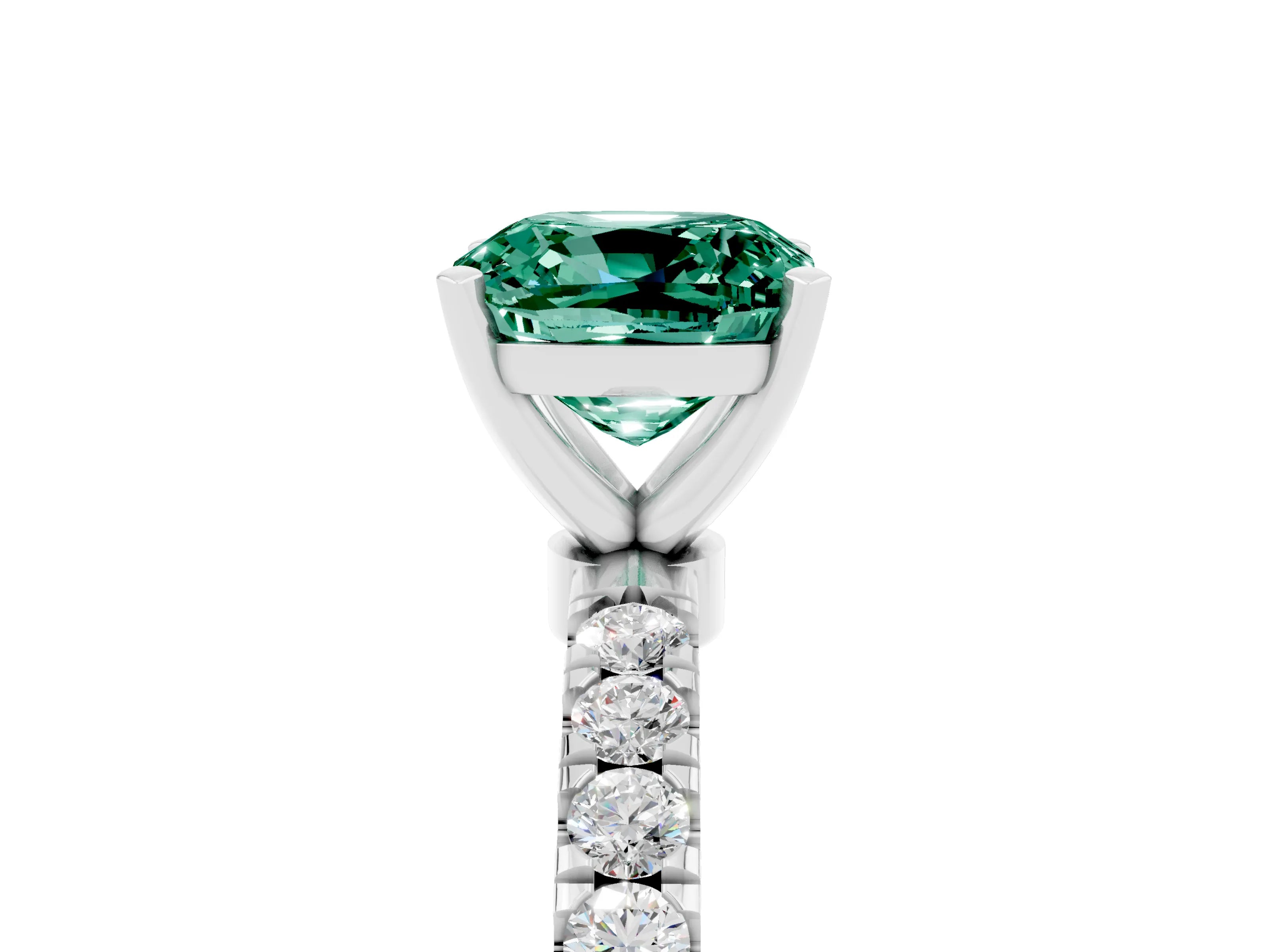 White gold Cushion Cut Green Sapphire Solitaire Ring with Pavé Accents and Four-Prong Setting_5