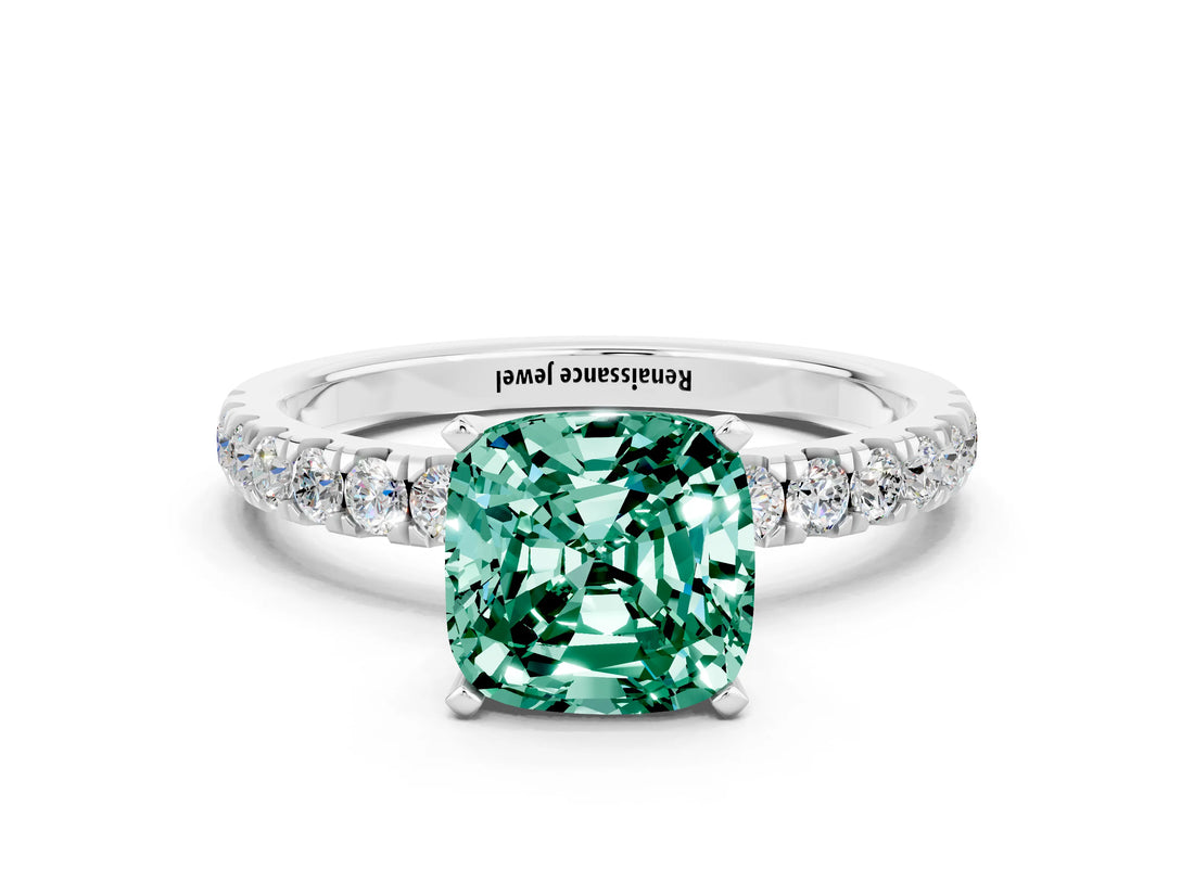 White gold Cushion Cut Green Sapphire Solitaire Ring with Pavé Accents and Four-Prong Setting