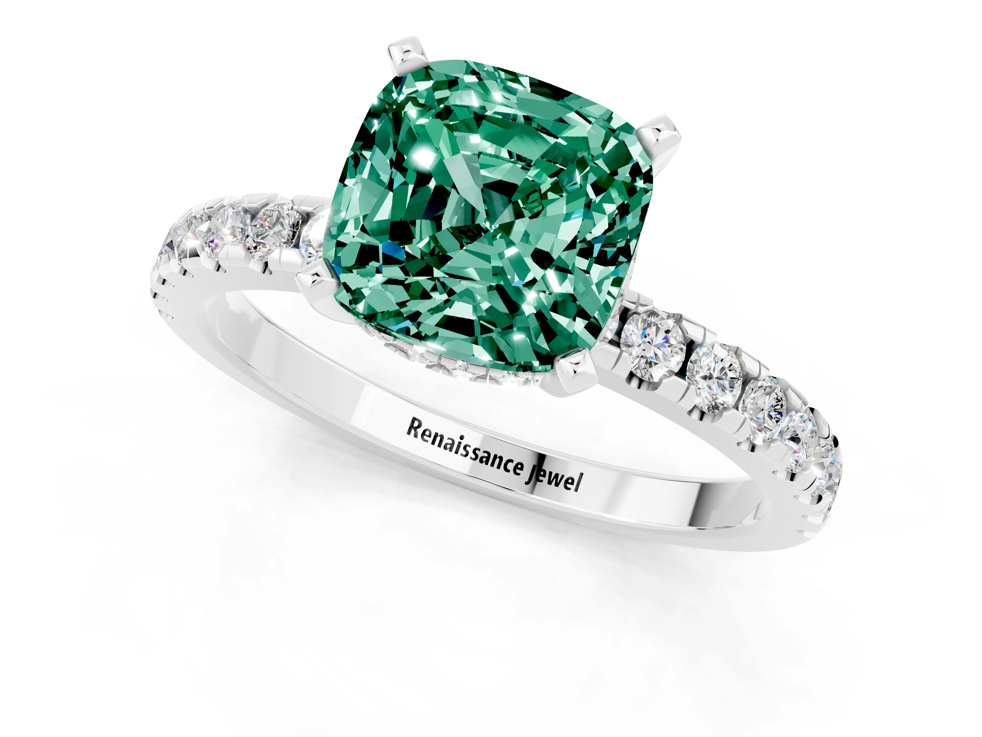 White gold Cushion Cut Green Sapphire Solitaire Ring with Pavé Band and Four-Prong Setting_25