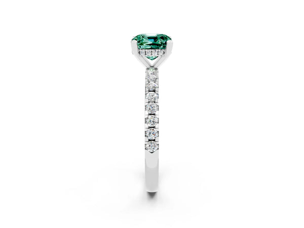 Platinum Cushion Cut Green Sapphire Solitaire Ring with Round  Pavé Band and Four-Prong Setting