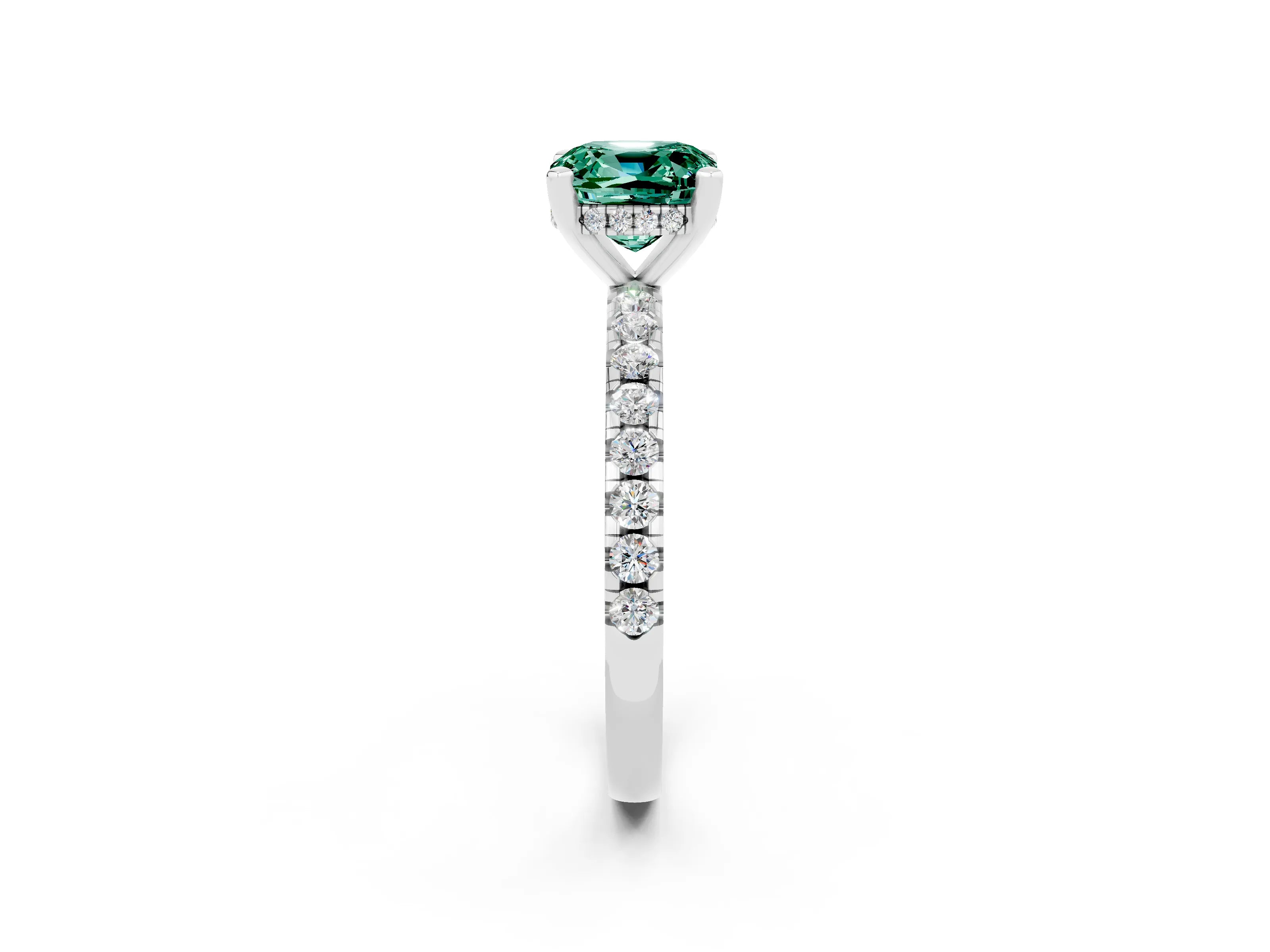 White gold Cushion Cut Green Sapphire Solitaire Ring with Pavé Band and Four-Prong Setting_26