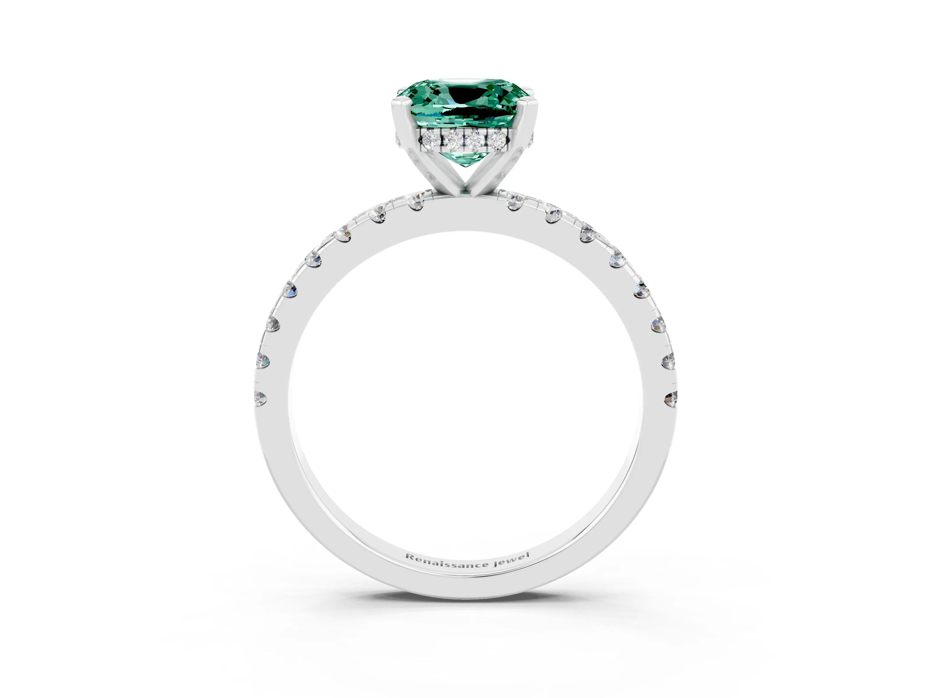 White gold Cushion Cut Green Sapphire Solitaire Ring with Pavé Band and Four-Prong Setting_27