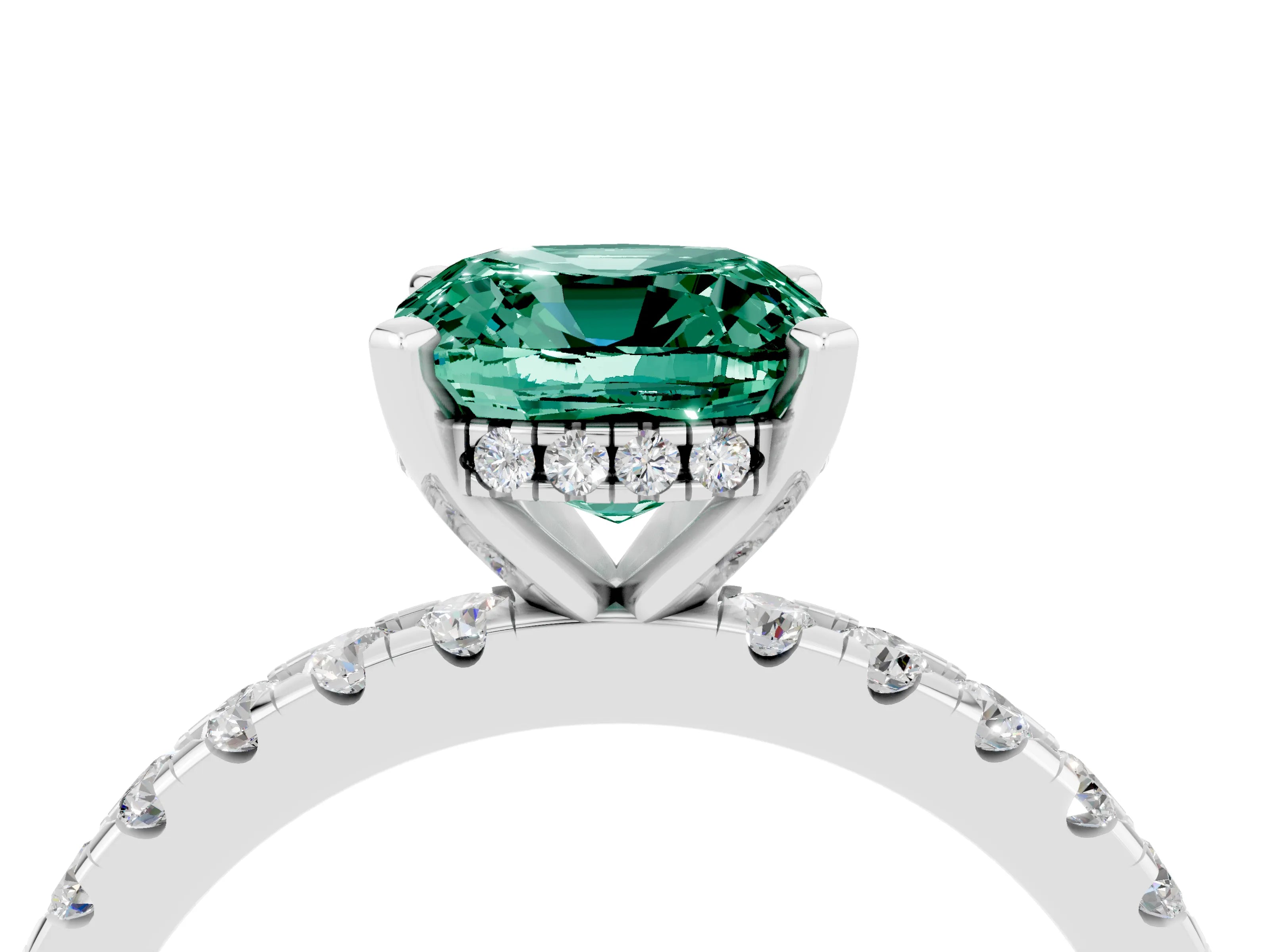 White gold Cushion Cut Green Sapphire Solitaire Ring with Pavé Band and Four-Prong Setting_28