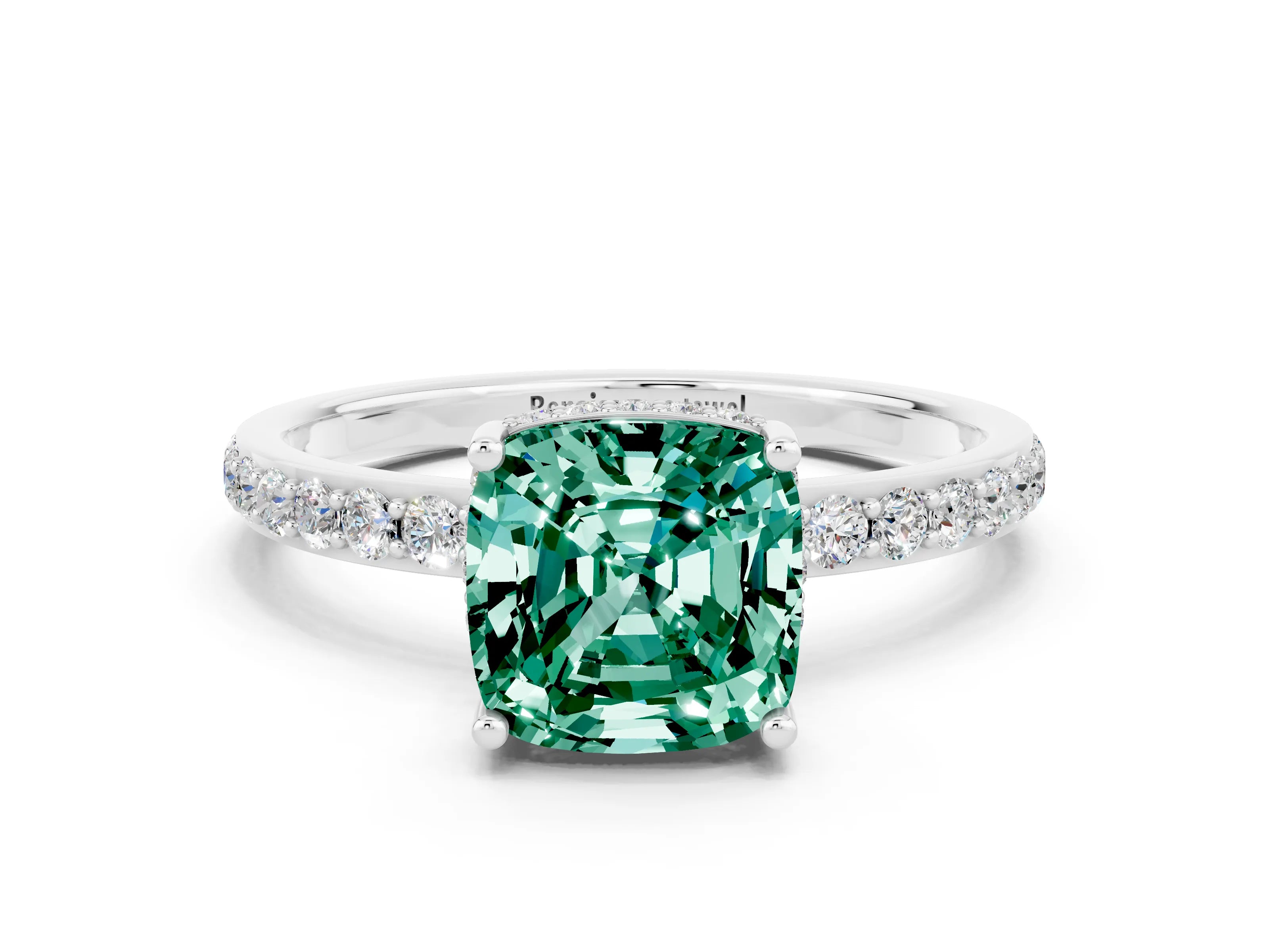 White gold Cushion Cut Green Sapphire Solitaire Ring with Pavé Band and Hidden Halo_24