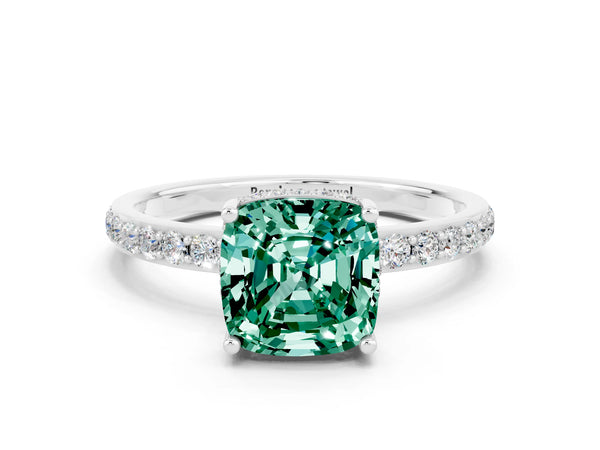 White gold Cushion Cut Green Sapphire Solitaire Ring with Pavé Band and Hidden Halo